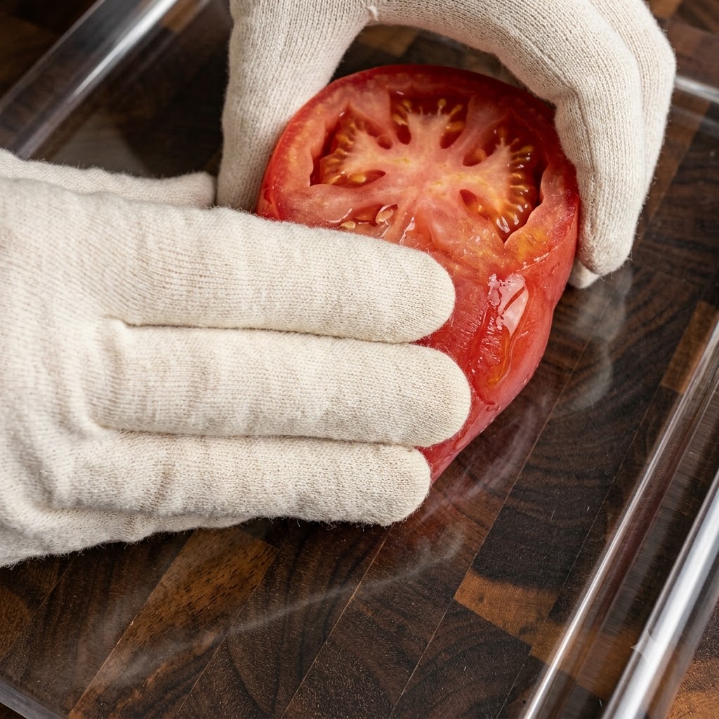 투명한 유리 베이킹 디쉬 위에서 토마토나 피망 준비 재료를 들고 있는 장갑 낀 손.
