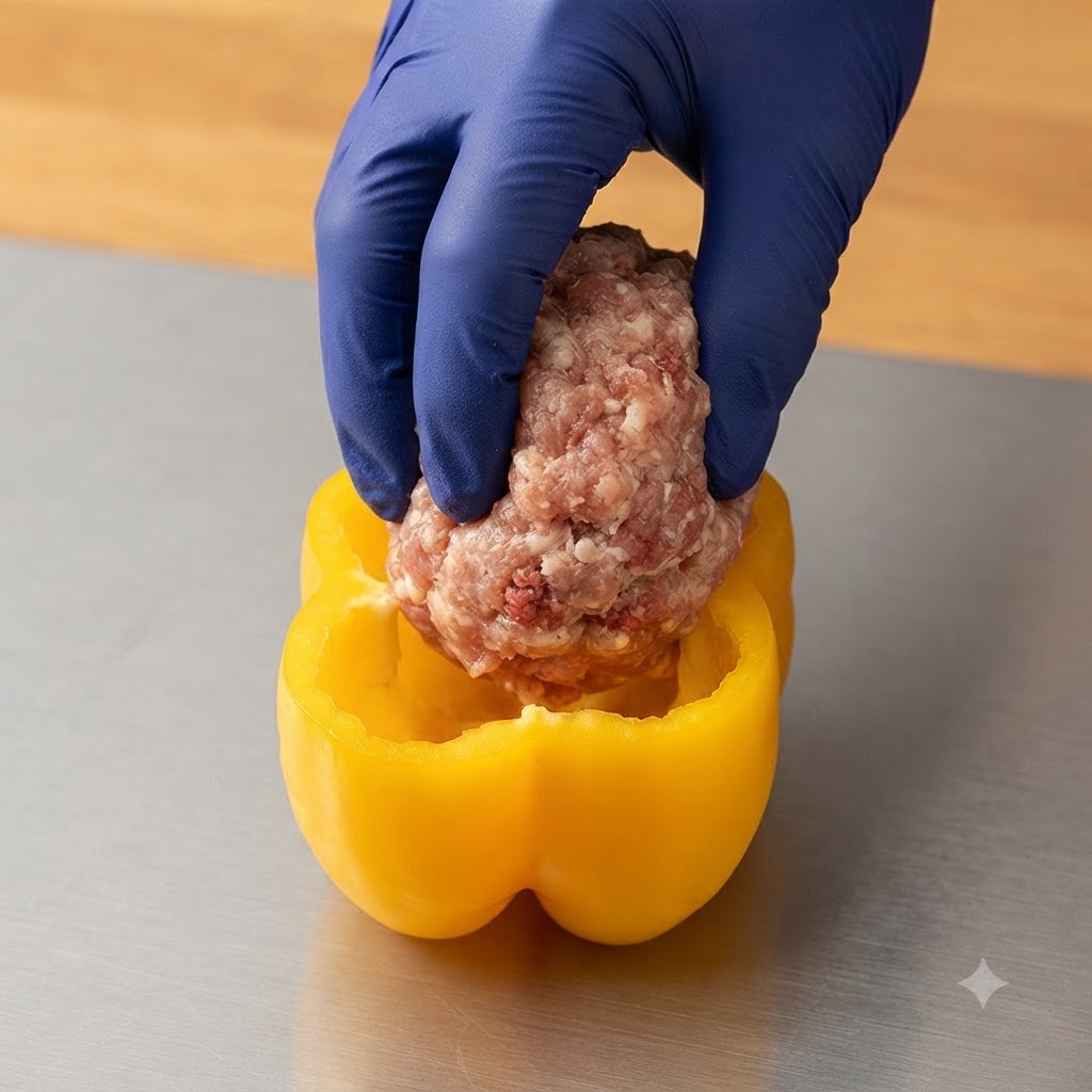 파란색 장갑을 낀 손이 속이 빈 노란색 피망에 양념된 다진 고기를 채워 넣는 모습.