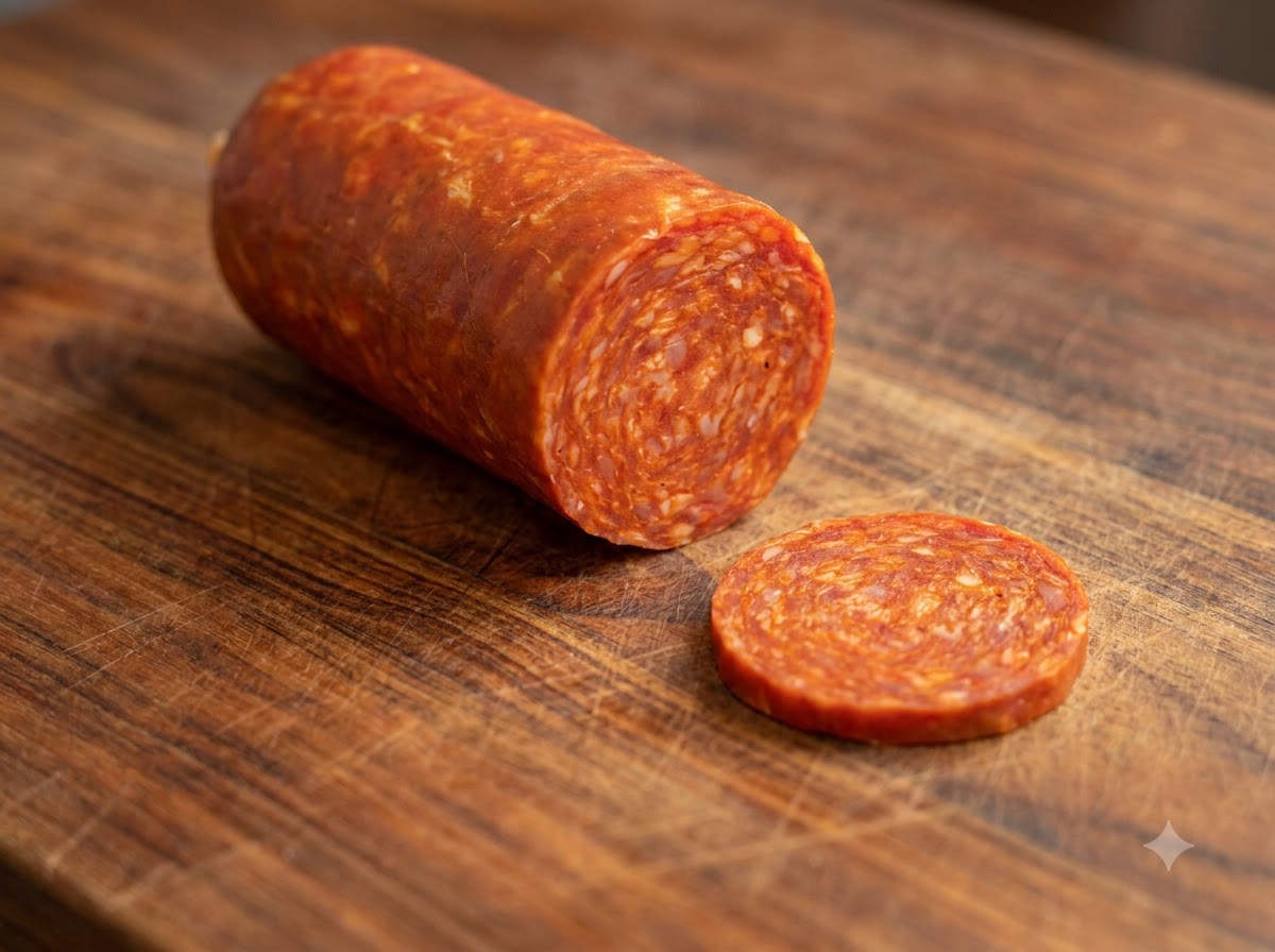 나무 도마 위에서 칼로 매콤한 소시지 롤을 썰어 조각내는 모습.