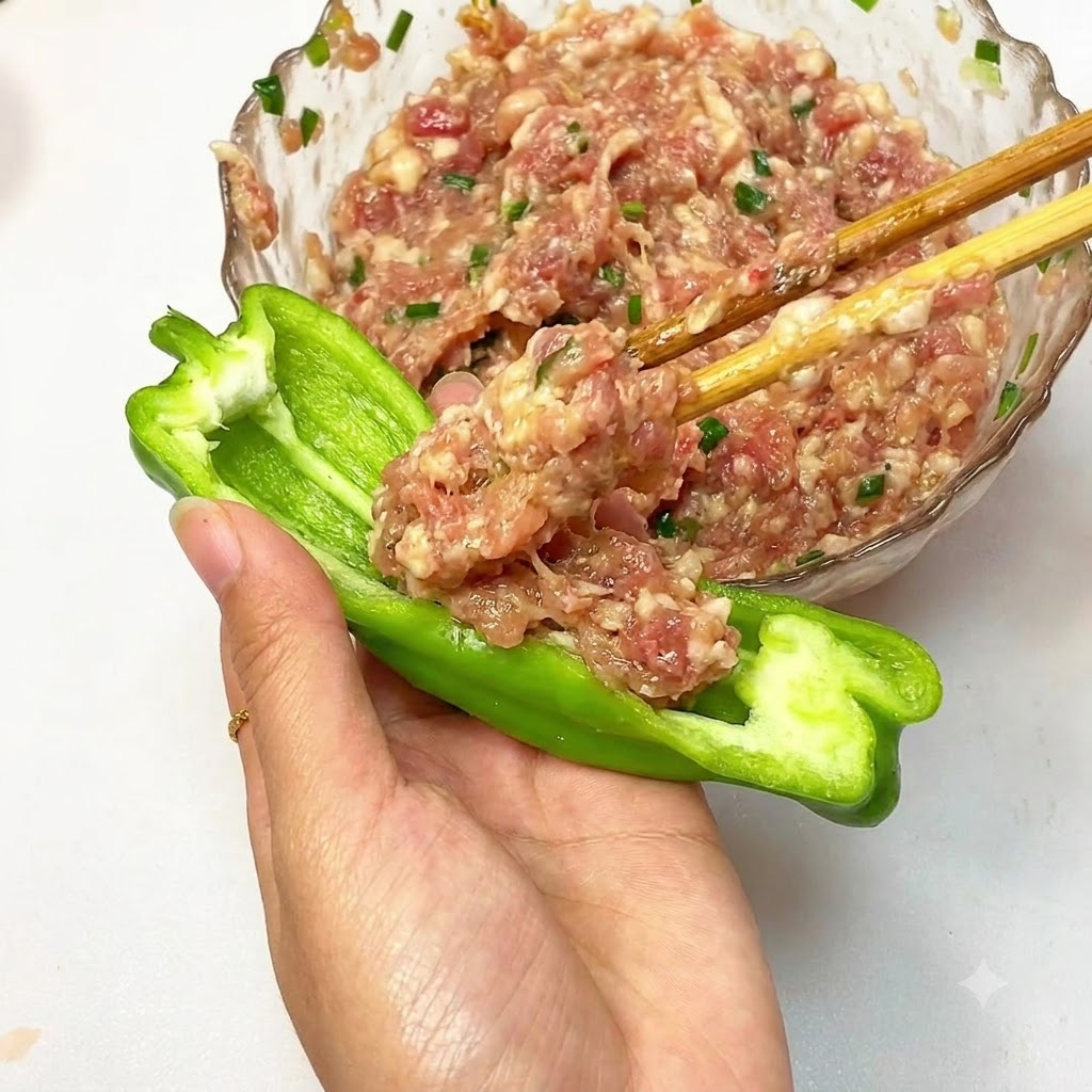 반으로 자른 고추 안에 다진 고기 소가 채워지는 모습.