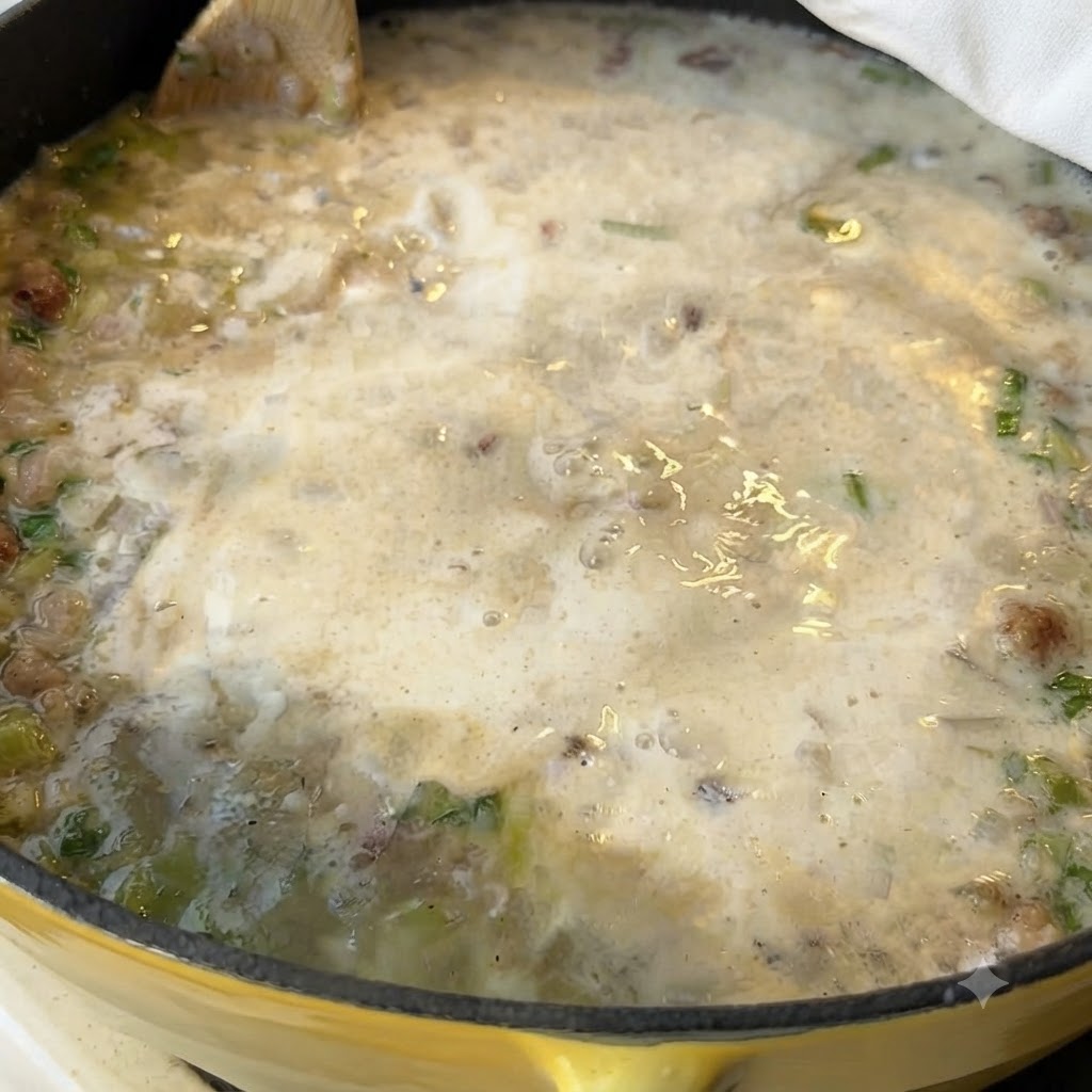 크리미한 수프 냄비에 조개가 섞이는 모습.