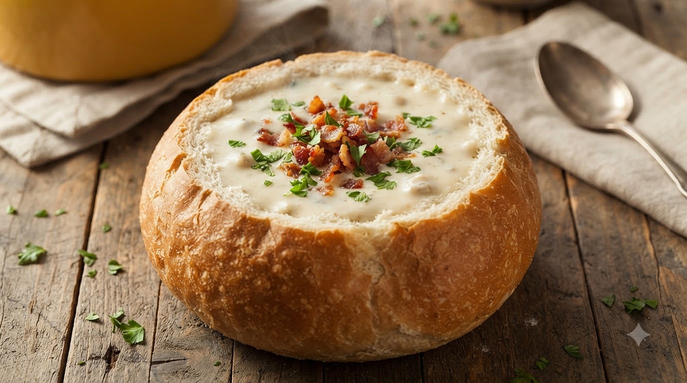 빵 볼에 담은 클래식 아메리칸 클램 차우더