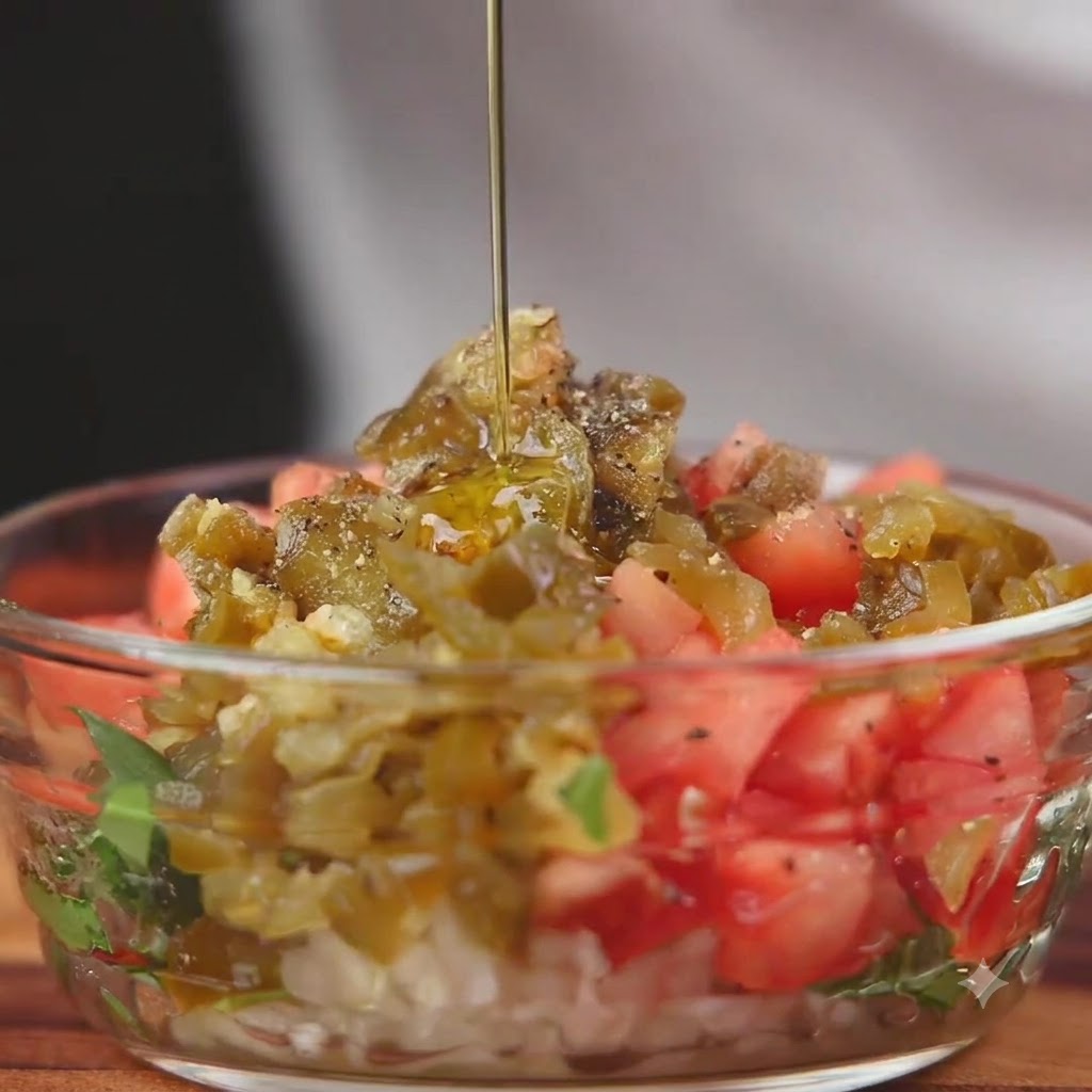 다진 토마토, 양파, 칠리가 섞인 그릇에 올리브 오일을 붓는 모습.