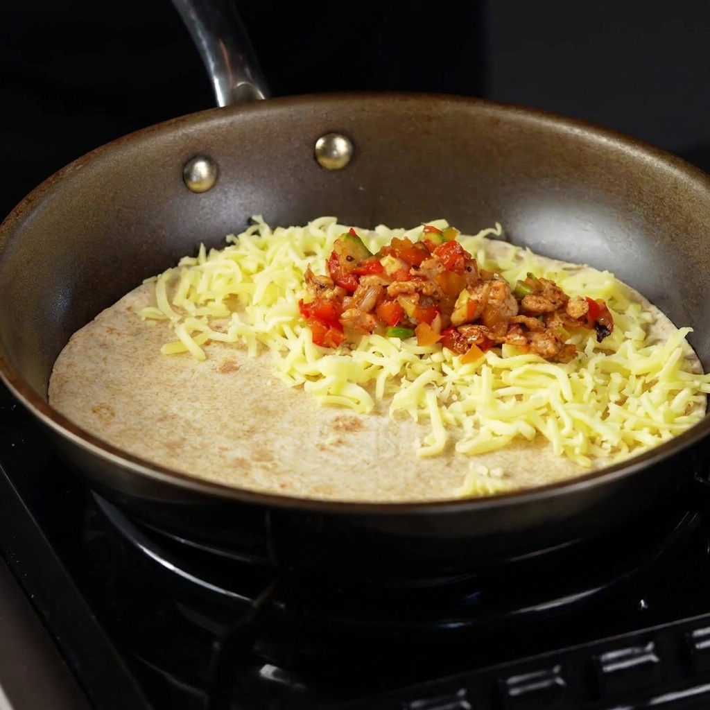토르티야의 채썬 치즈 층 위에 조리된 닭고기와 채소 속재료를 숟가락으로 올리는 모습.