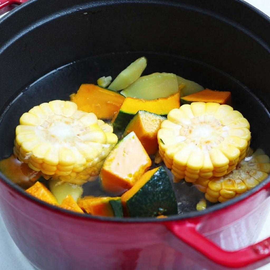 단호박 조각과 옥수수가 담긴 빨간 냄비에 물을 붓고 있는 모습.