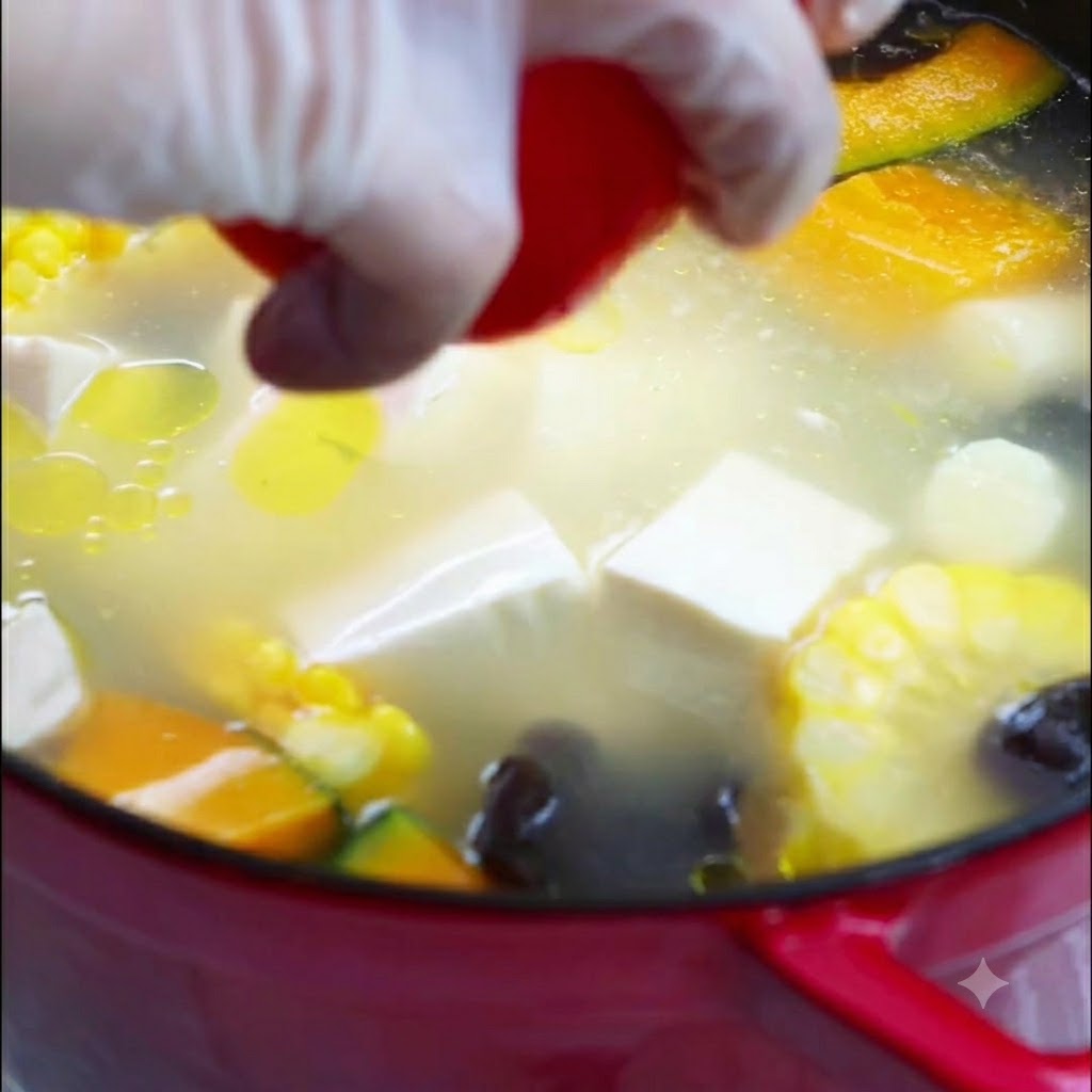 끓고 있는 채소 수프 냄비 정가운데에 통째로 빨간 토마토를 넣고 있는 모습.