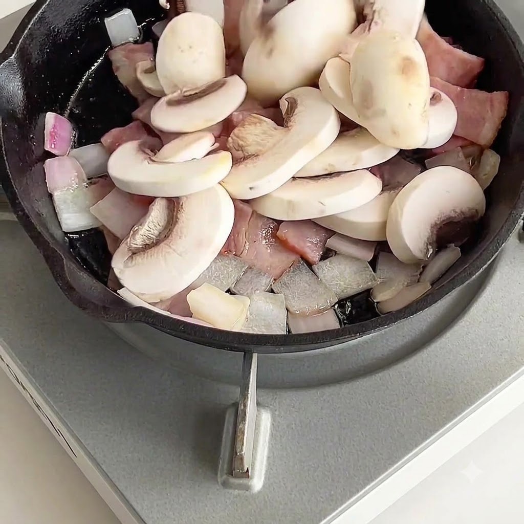 베이컨과 양파 조각이 있는 팬에 썬 양송이버섯이 들어간 모습.