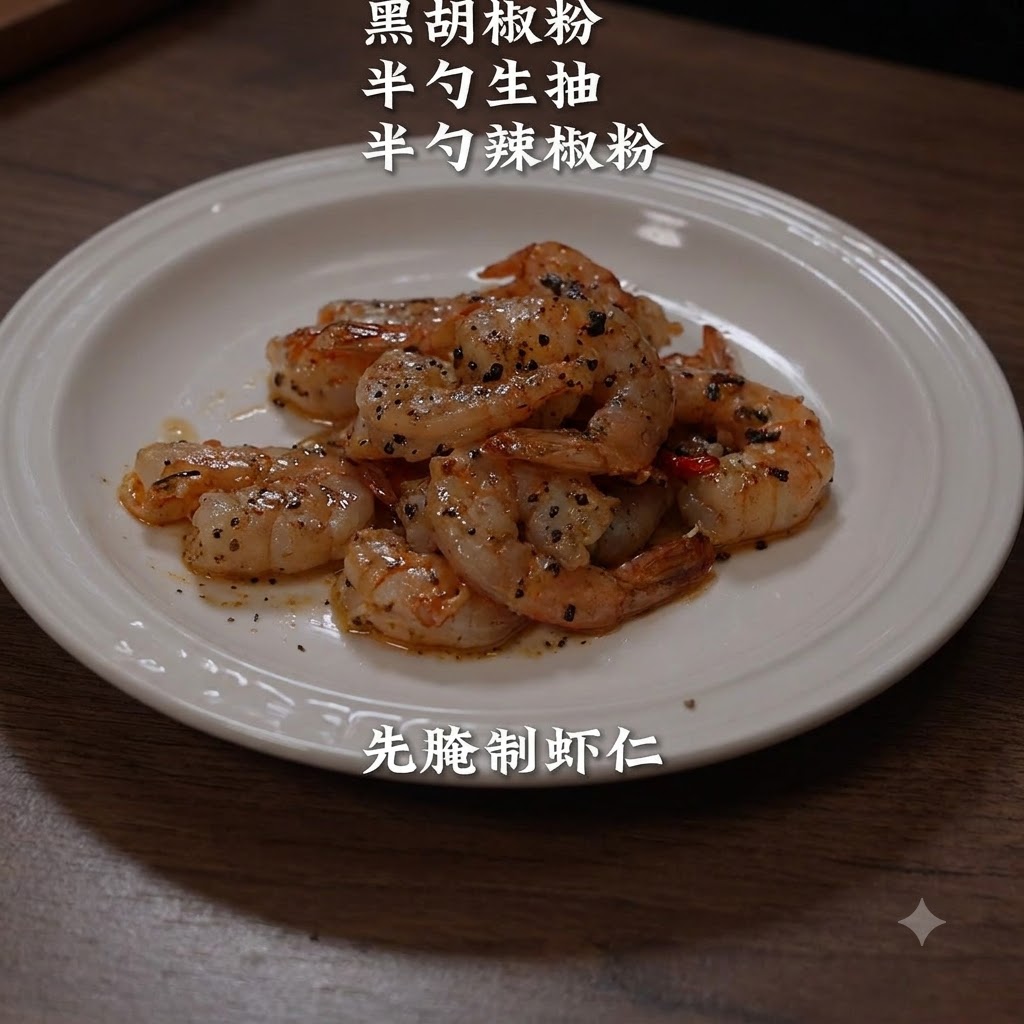 후추와 향신료가 섞인 흰 접시 위의 밑간된 새우 클로즈업 뷰.