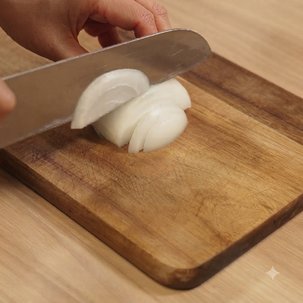 나무 도마 위에서 날카로운 주방용 칼로 양파를 썰고 있는 모습.