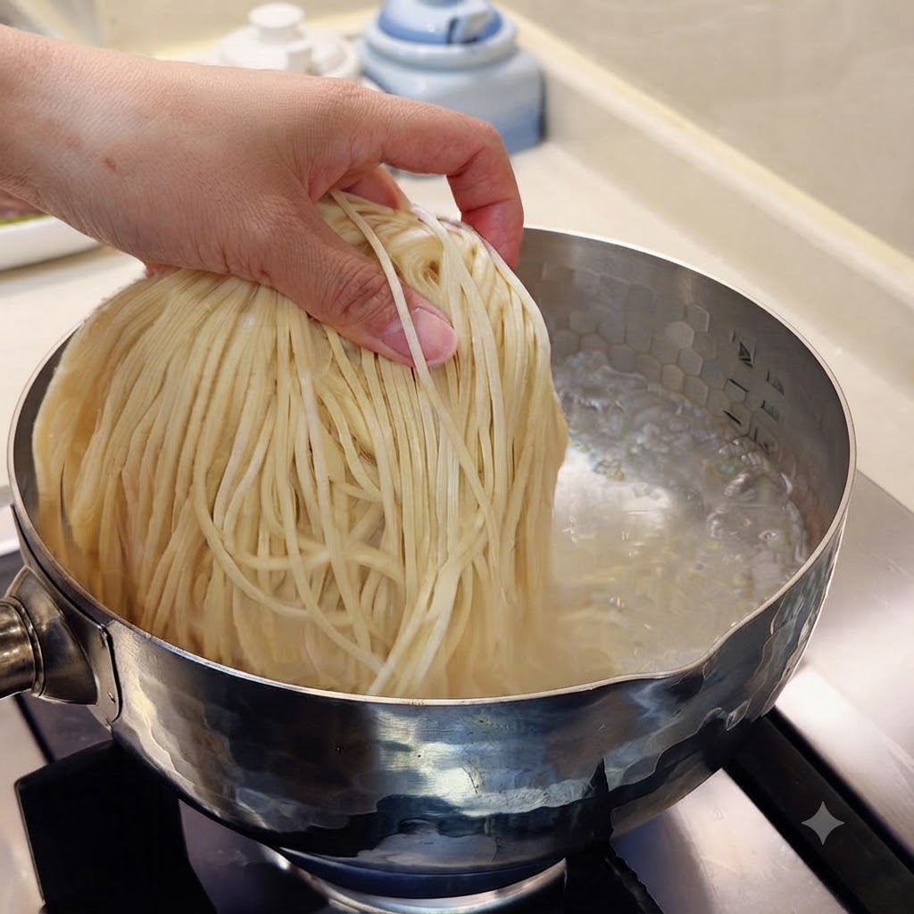팔팔 끓는 물이 담긴 냄비에 생면이 넣어지고 있는 모습.