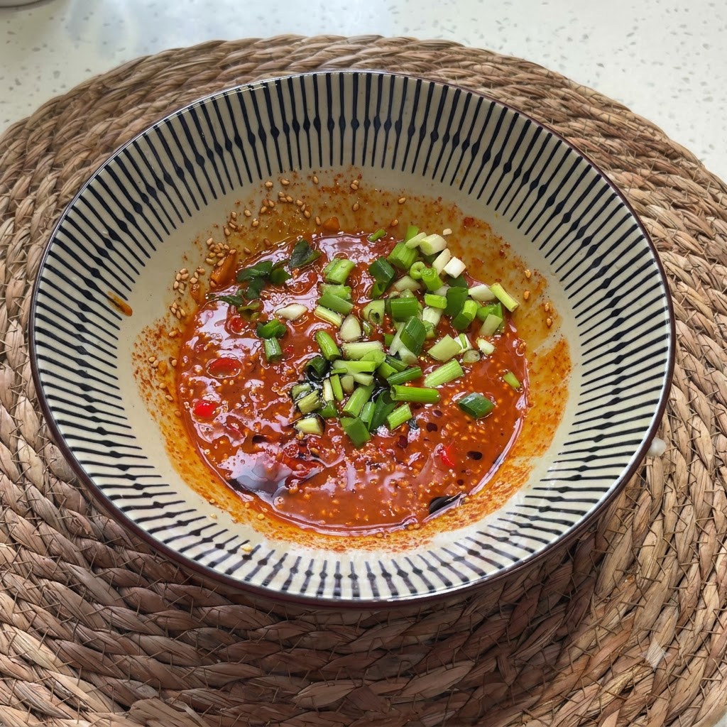 그릇 속 소스 혼합물 위에 흩뿌려진 다진 대파와 고수.