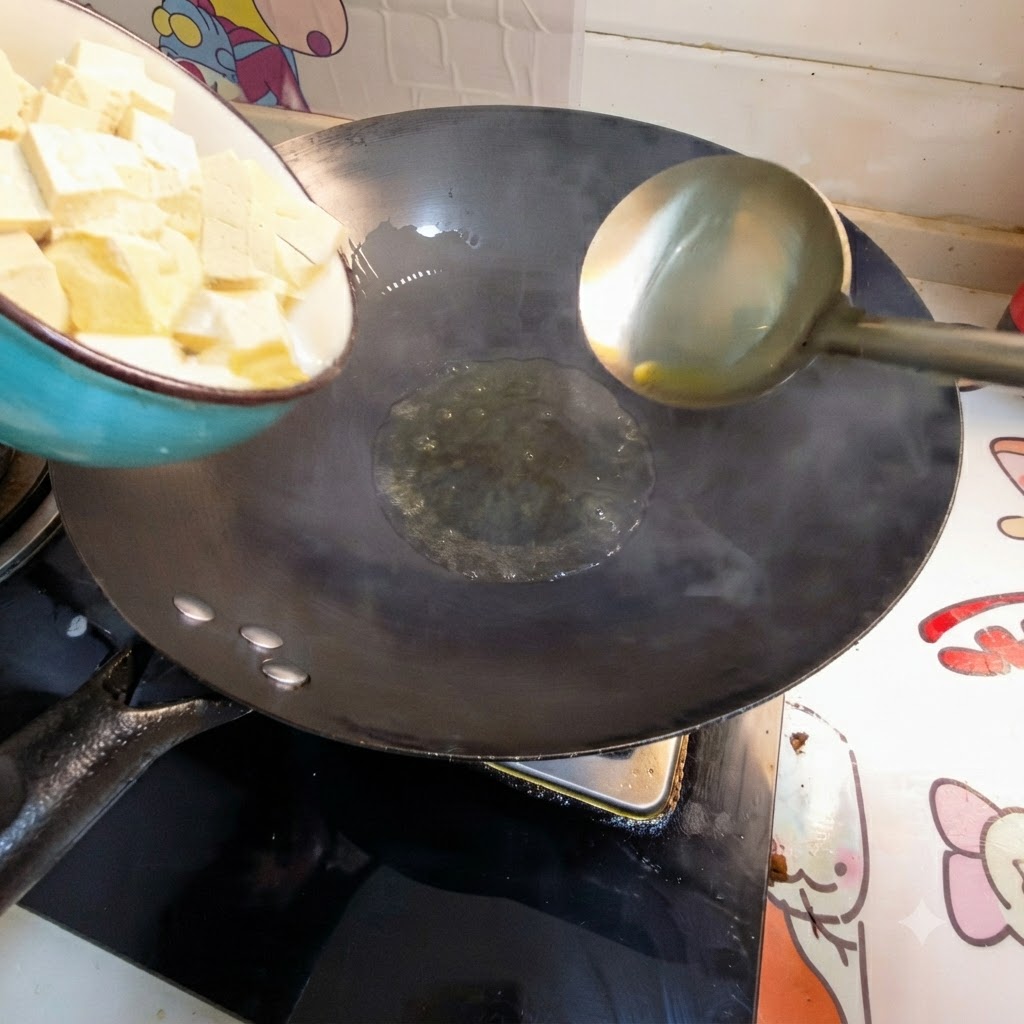 볼에 담긴 두부 큐브가 웍 안의 뜨거운 기름 속으로 쏟아지고 있는 모습.