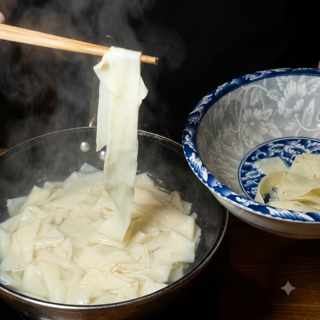 끓는 냄비에서 젓가락으로 건져내어 파란색과 흰색 도자기 그릇에 담기는 넓적 당면.
