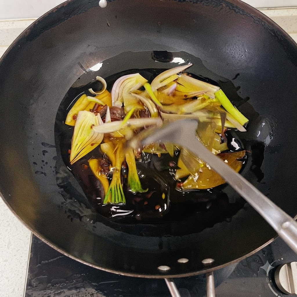 양파 조각, 파, 향신료 등 향채류가 웍 안의 뜨거운 기름에서 볶아지고 있는 모습.