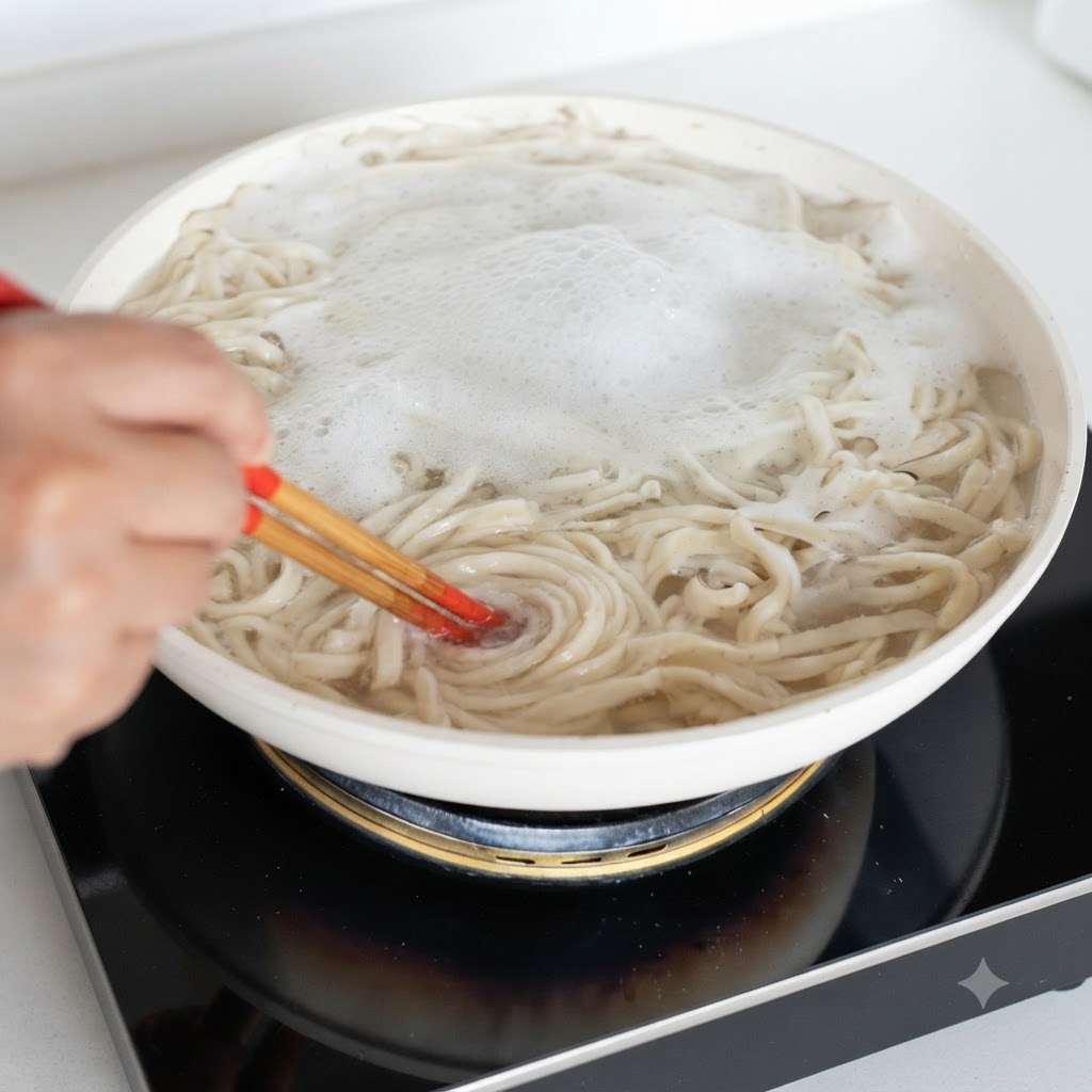 끓는 물이 담긴 냄비에서 기포가 올라오며 면이 삶아지는 모습.
