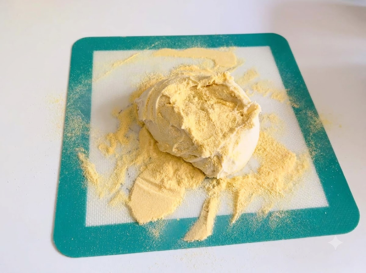 노란색 콘밀이 뿌려진 실리콘 매트 위의 피자 반죽