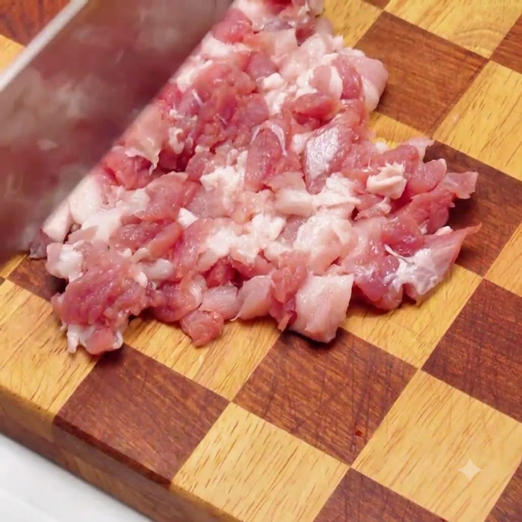 나무 도마 위에서 날카로운 칼로 삼겹살을 작은 크기로 조심스럽게 깍둑썰기하는 모습.