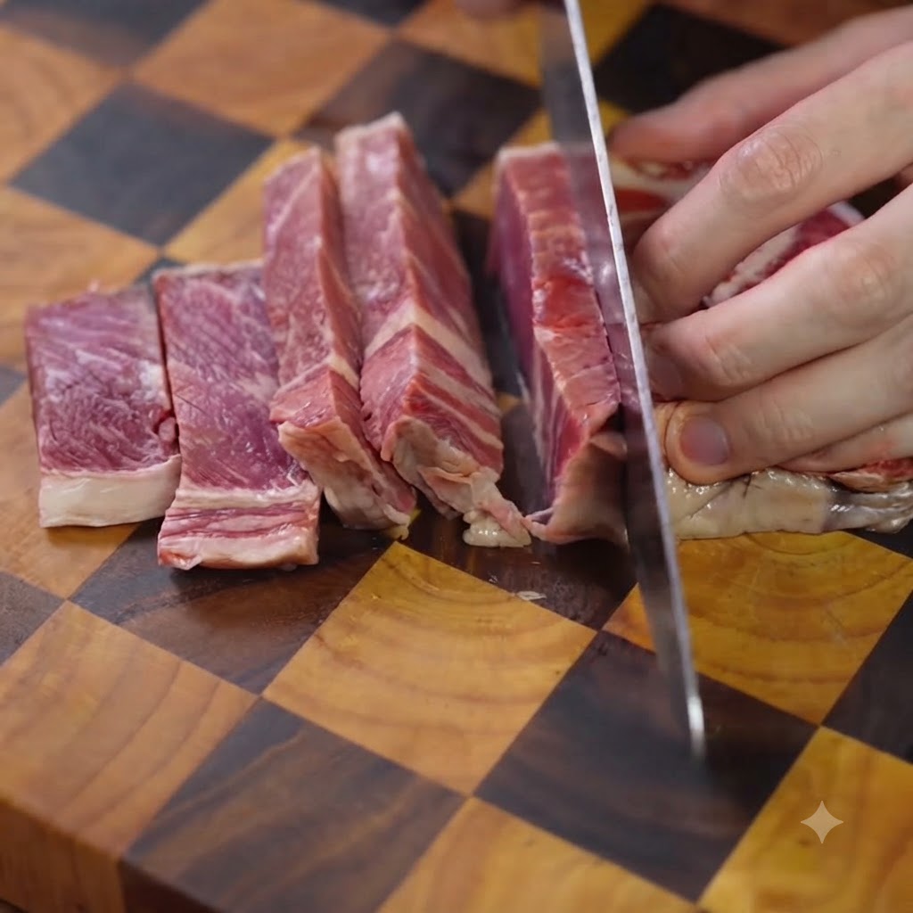 나무 도마 위에서 날카로운 주방 칼로 생고기 립아이 스테이크를 균일한 조각으로 썰고 있는 모습.