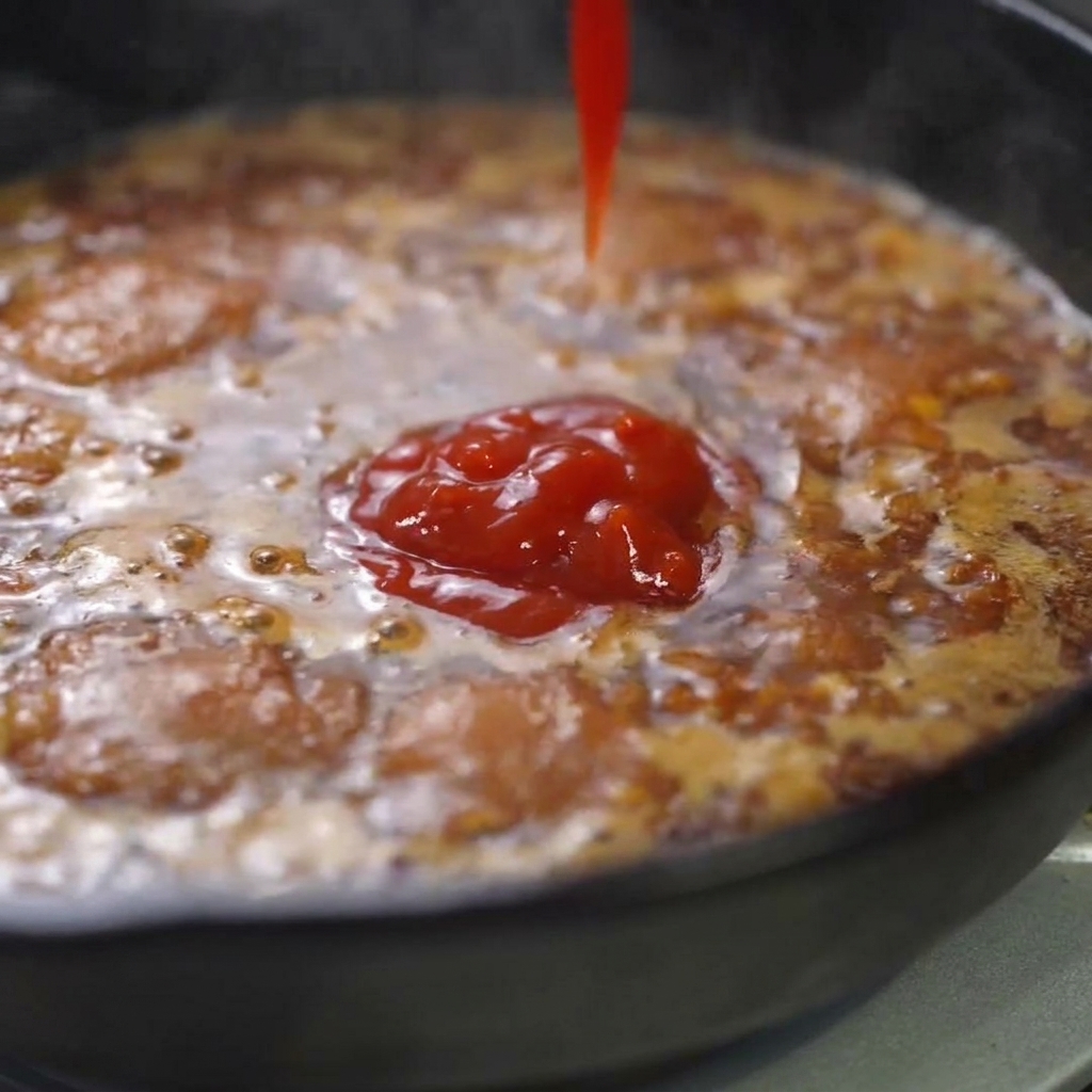 바글바글 끓는 팬 소스에 토마토 페이스트와 간장이 들어가고 있는 모습.