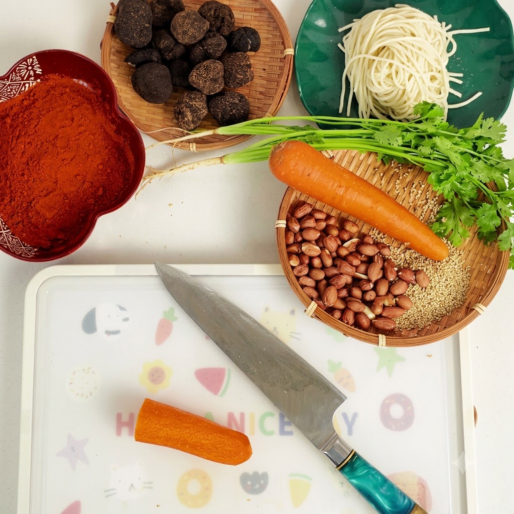 도마 위에서 날카로운 식칼로 당근을 가늘게 채 써는 모습.