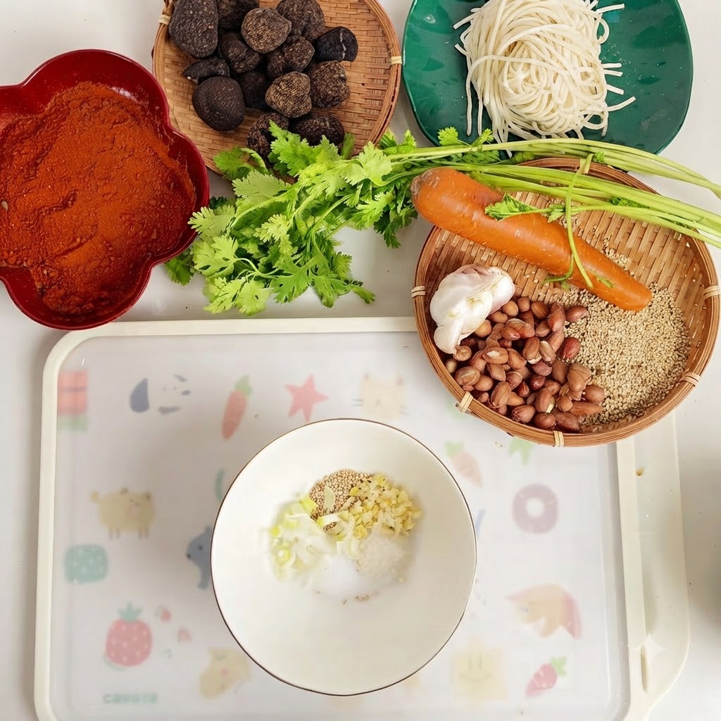 하얀 그릇에 소금, 설탕, 참깨, 다진 생강과 마늘, 고춧가루, 다진 블랙 트러플이 담겨 있는 모습.