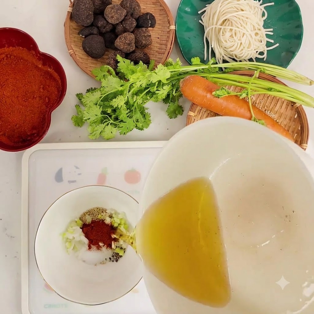 프라이팬에서 끓인 뜨거운 기름을 마른 양념이 담긴 그릇에 부어 지글거리는 모습.