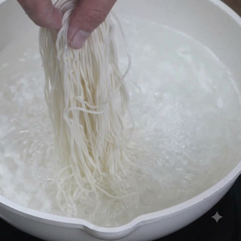 끓는 물이 담긴 냄비에 국수를 넣는 모습.