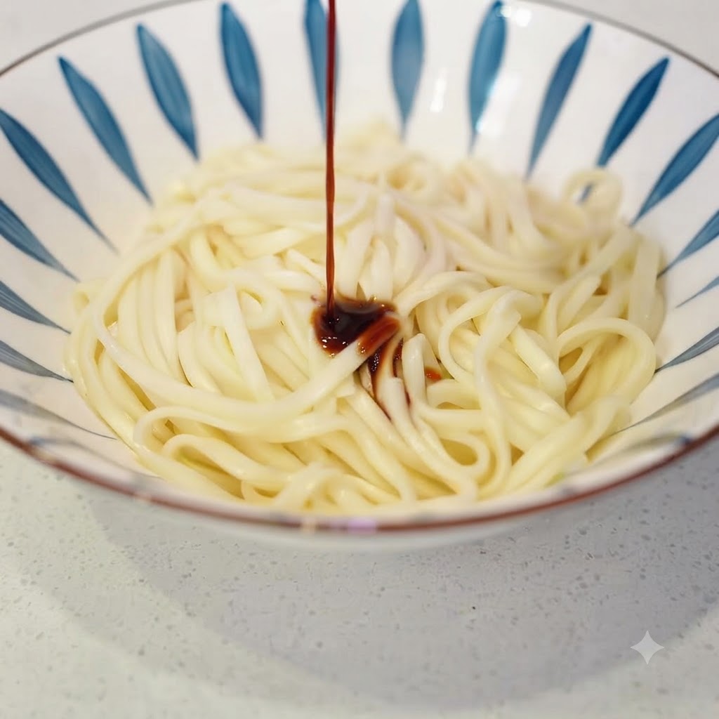 갓 삶아낸 면이 담긴 그릇에 진간장을 붓고 있는 모습.