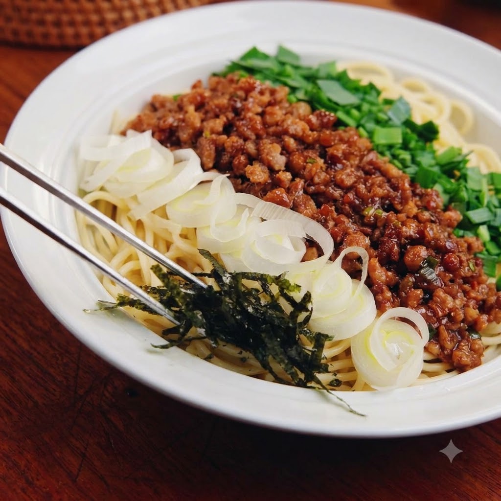 썰어놓은 파, 흰 양파, 김으로 면과 고기 소스가 담긴 그릇을 장식하고 있는 모습.