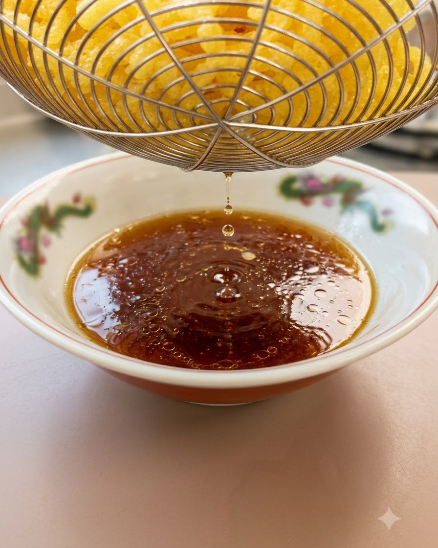 물기를 뺀 굵은 라멘 면을 소스가 담긴 그릇으로 옮기는 모습