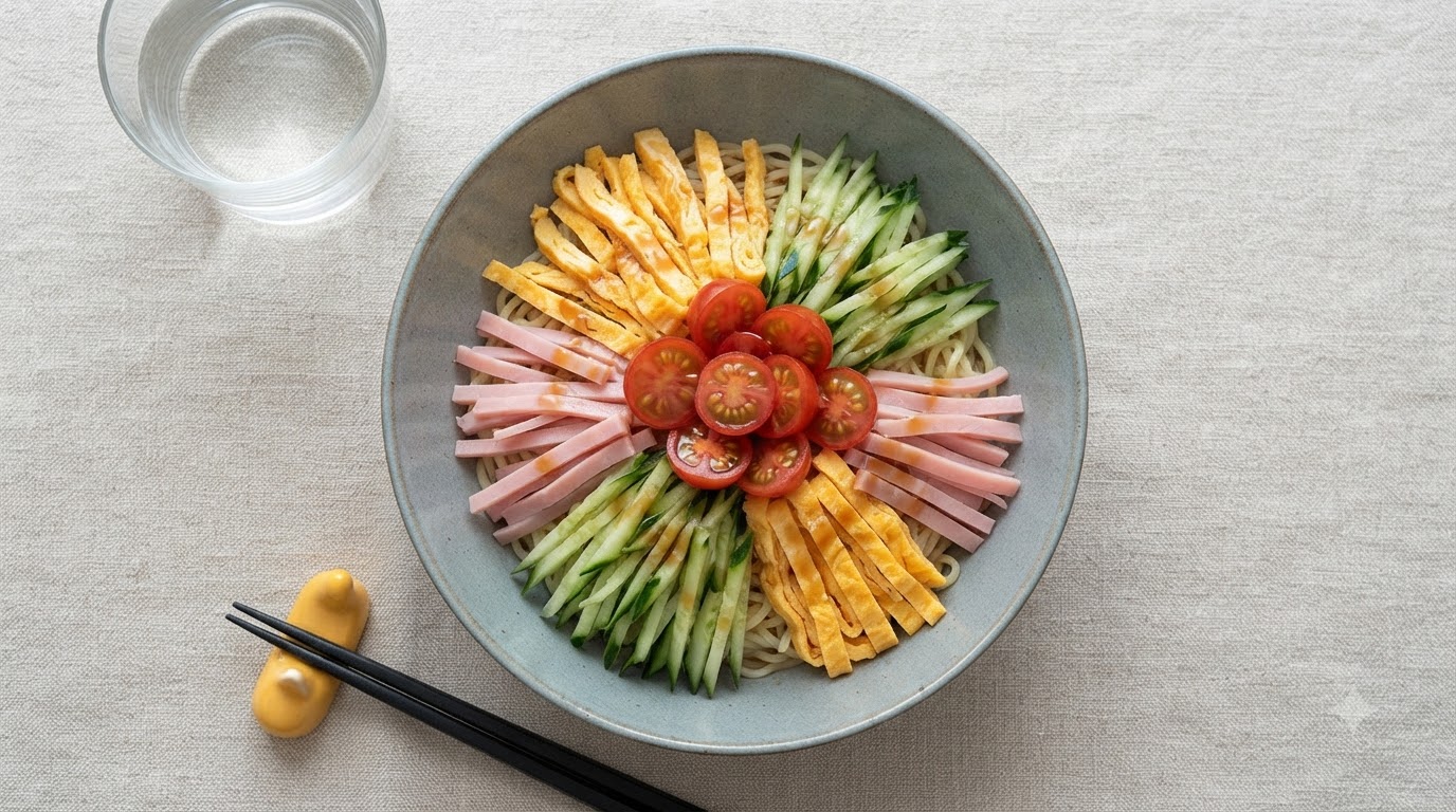 채 썬 오이, 햄, 달걀지단, 방울토마토를 얹은 시원한 차가운 라멘 면발이 매력적인 먹음직스러운 히야시 추카 한 그릇.