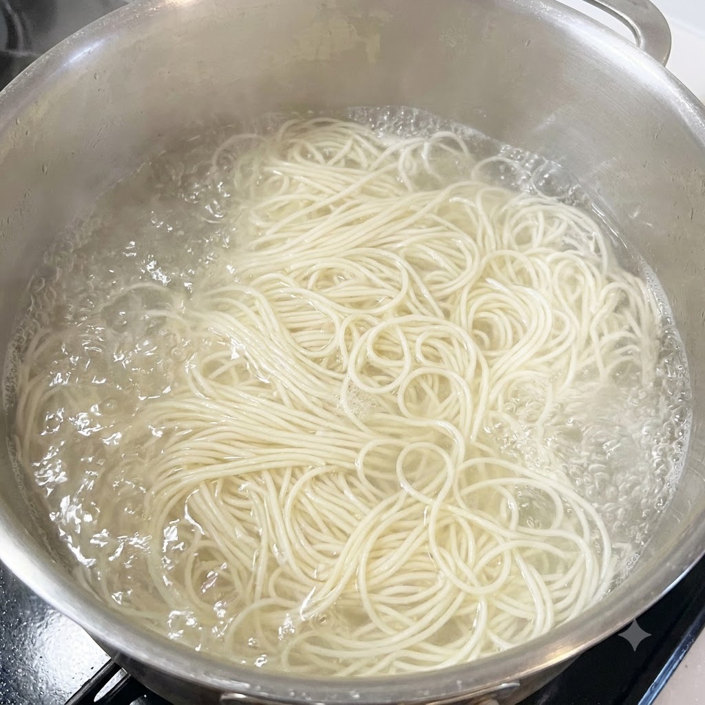 끓는 물이 담긴 큰 스테인리스 냄비에 건소면을 넣고 삶는 모습.