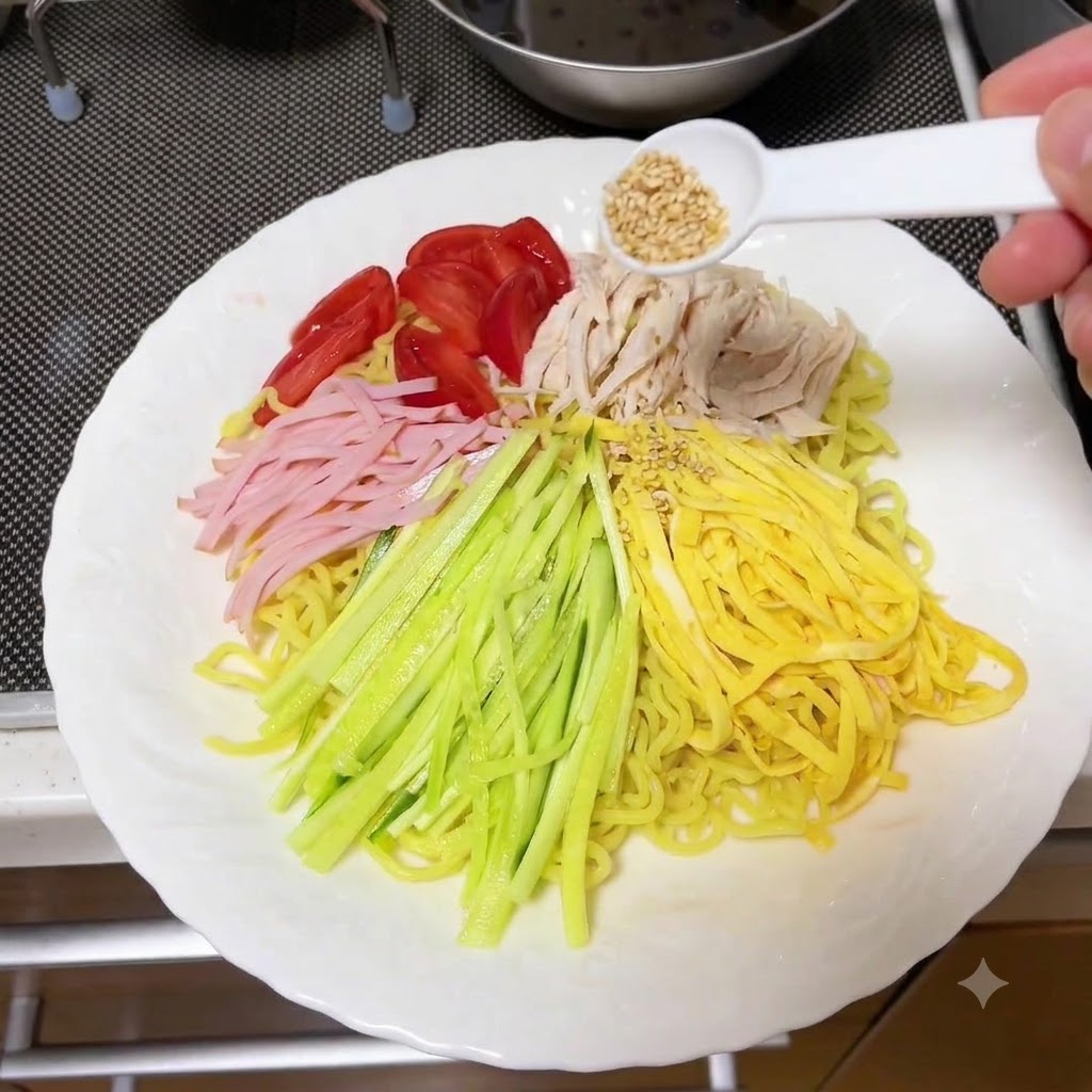 면 위에 오이, 햄, 토마토 등을 올리고 참깨를 뿌리는 모습.
