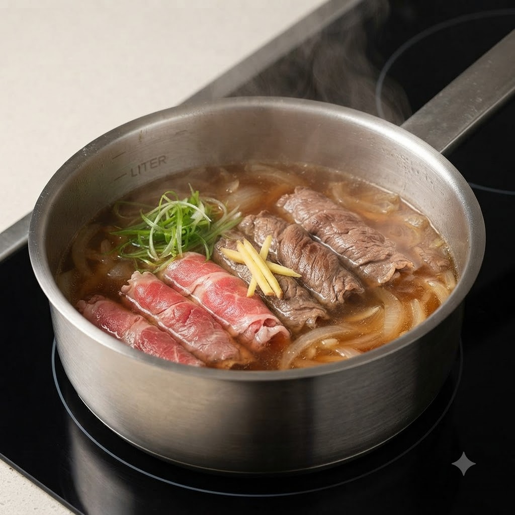 냄비 안에서 양파 및 파 고명과 함께 끓는 육수에 생고기 슬라이스가 익고 있는 모습.
