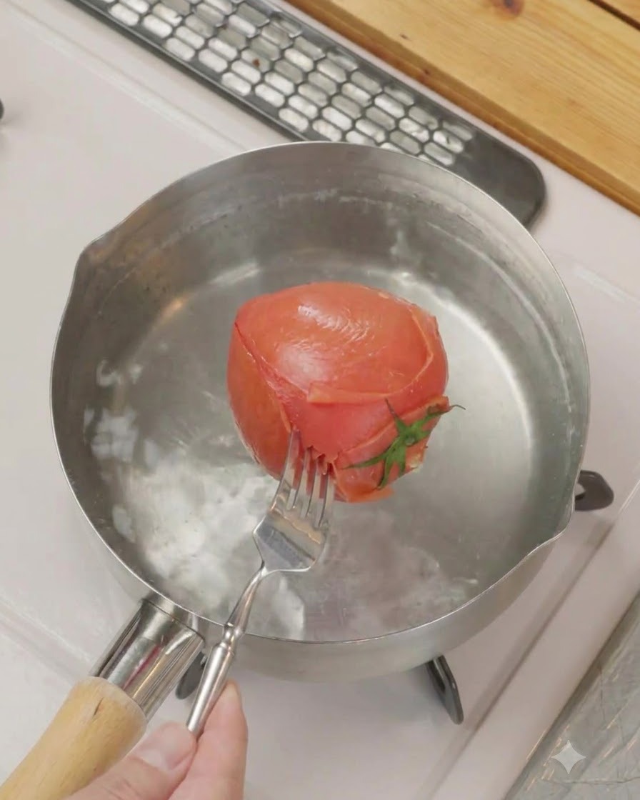 포크를 사용해 뜨거운 상태의 데친 토마토 껍질을 벗겨내는 모습.