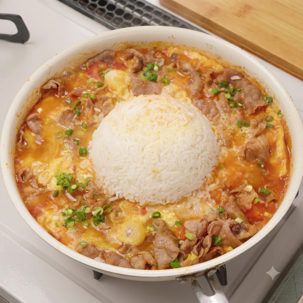둥글게 모양을 낸 흰 밥을 중앙에 얹고 파를 곁들인 토마토 소고기 달걀 볶음이 넓은 팬에 담긴 모습.