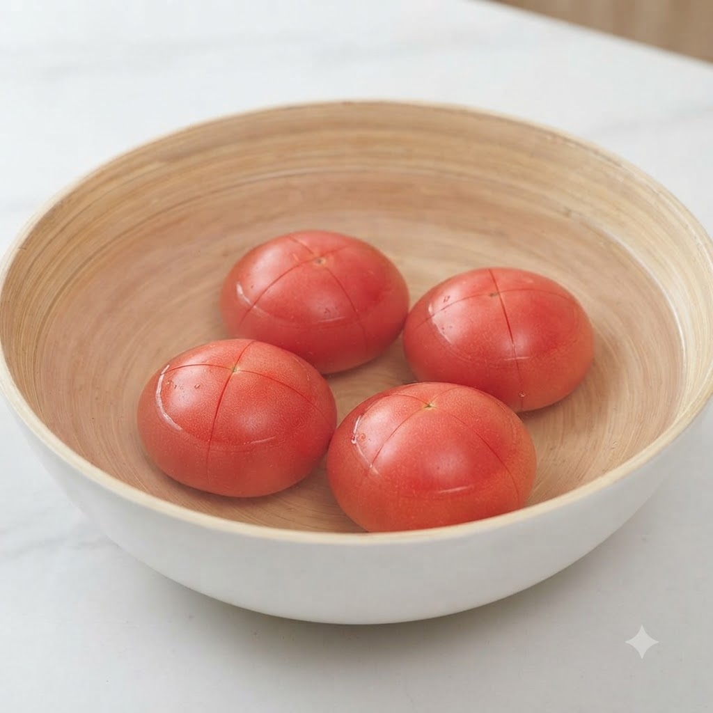 뜨거운 물이 담긴 나무 그릇에 칼집 낸 토마토 4개가 들어 있는 모습.