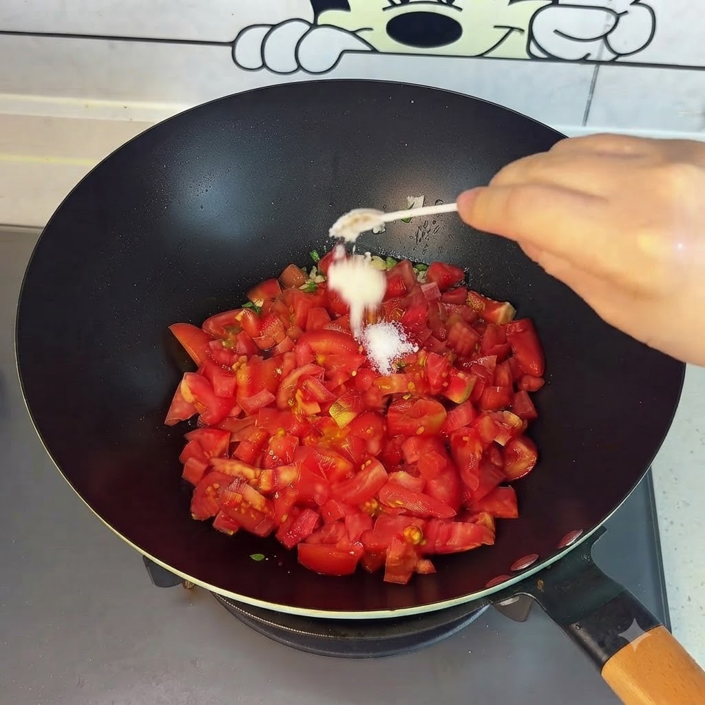 주걱으로 웍 안의 토마토를 으깨며 볶아내고 있는 모습
