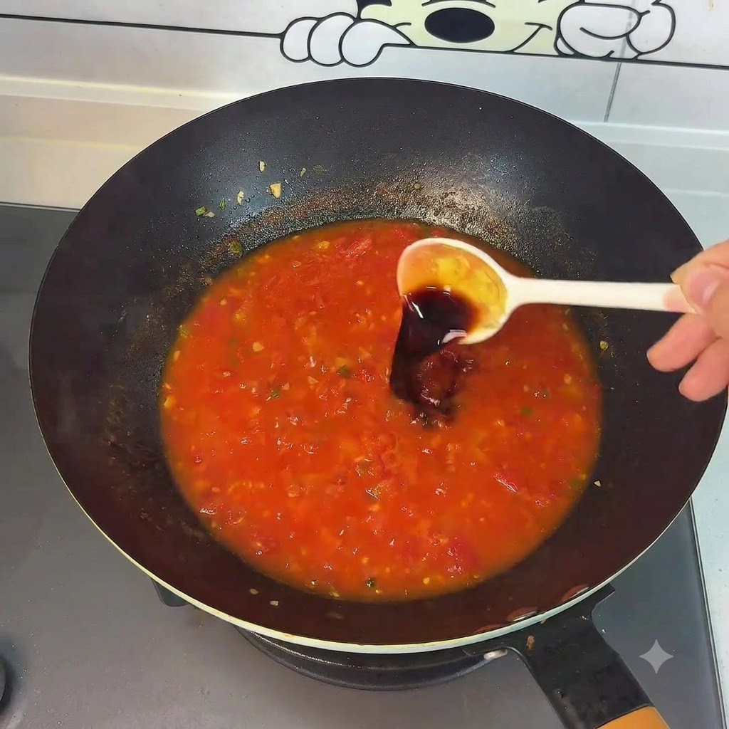 생동감 넘치는 빨간 토마토 수프 베이스가 담긴 웍에 스푼으로 소스를 넣는 모습