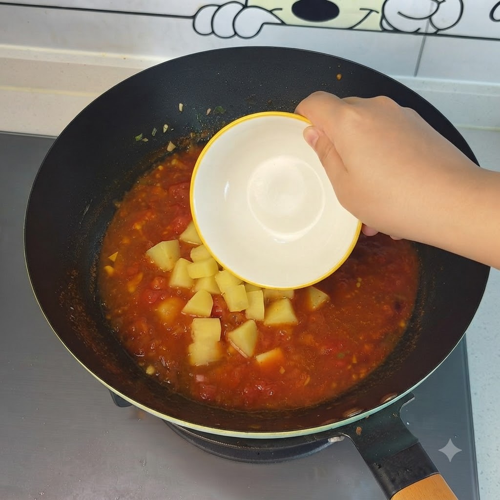 작은 그릇에 담긴 깍둑썰기한 감자를 부글부글 끓는 토마토 수프에 넣는 모습