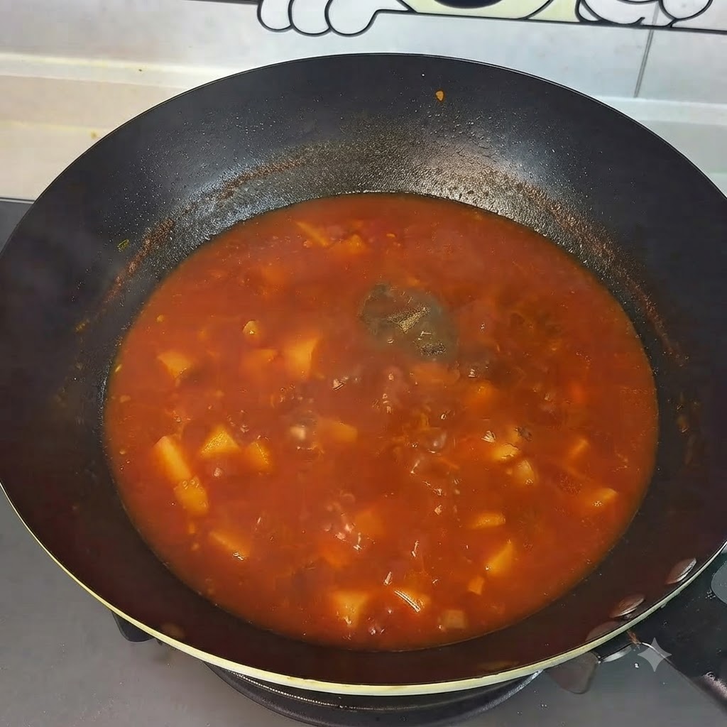 웍에서 끓고 있는 빨간 토마토 감자 수프에 후추와 설탕을 뿌리는 모습