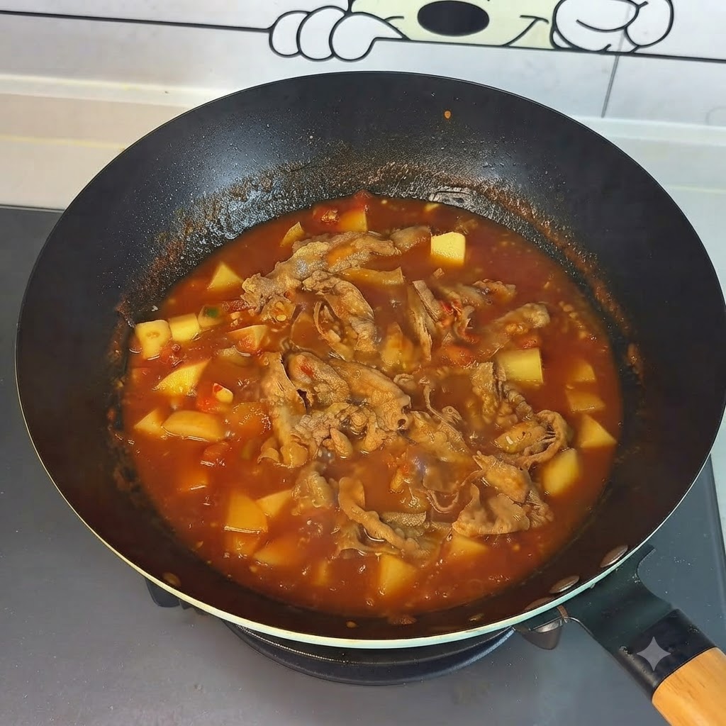 완성되어 상에 올리기 좋은 상태의 토마토 감자 우삼겹 훠궈가 웍에 담겨 있는 모습