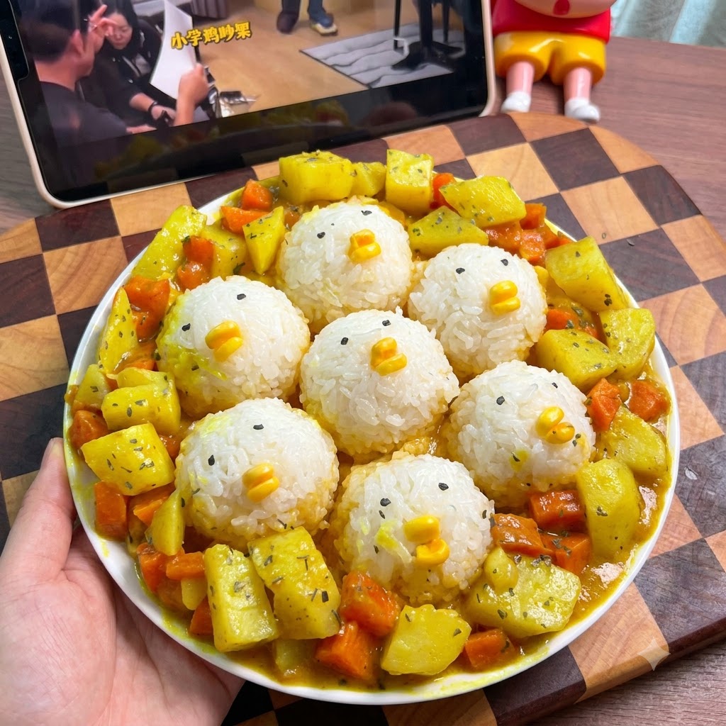 조리된 밥 안에 치즈 조각을 숨겨 주먹밥을 빚는 모습.
