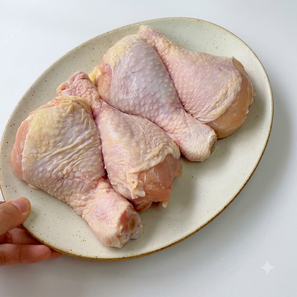 주방 칼을 사용하여 나무 도마 위에서 닭다리의 뼈를 발라내고 자르는 모습.