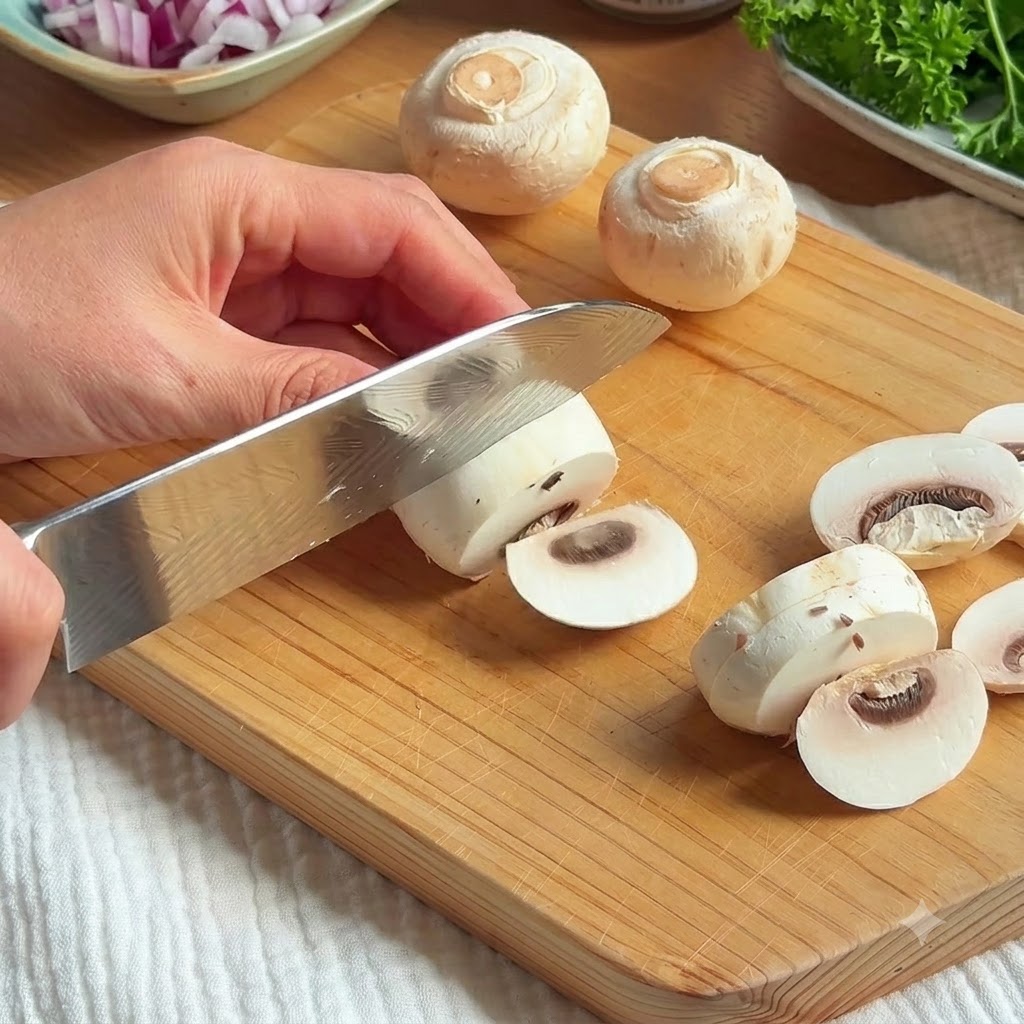 나무 도마 위에서 신선한 양송이버섯을 식칼로 써는 모습.
