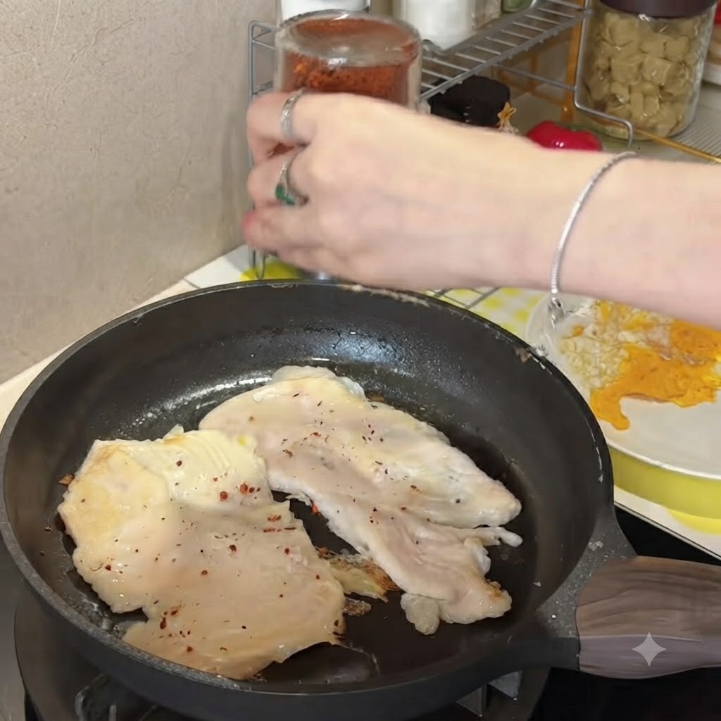 유리 향신료 통을 흔들어 프라이팬에서 구워지는 치킨 커틀릿 위에 붉은 칠리 플레이크를 뿌리는 손.