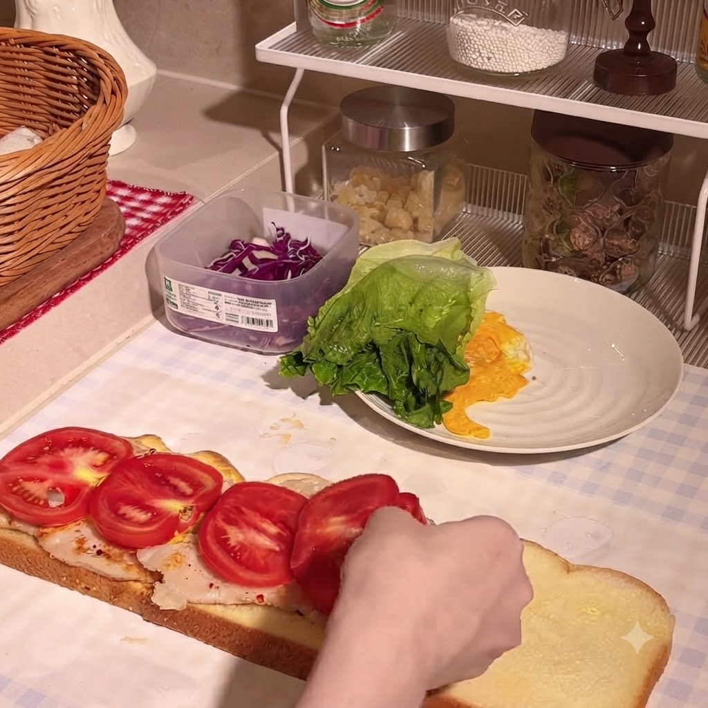 길쭉한 단호박빵 위에 얹어진 양념된 치킨 커틀릿 위에 썬 토마토 조각을 배열하는 손.