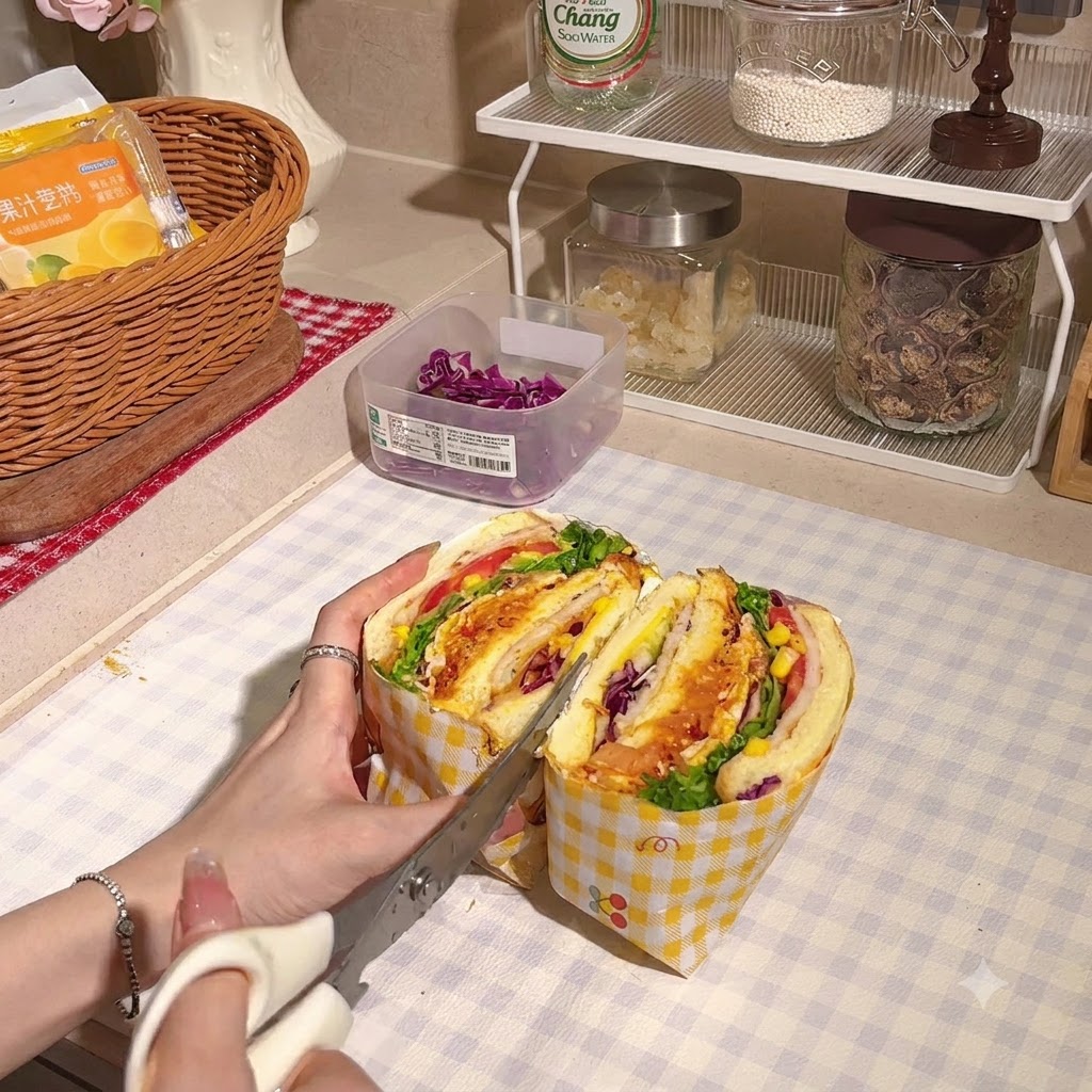 주방 가위로 감싼 샌드위치를 반으로 잘라 단면을 보여주는 모습.