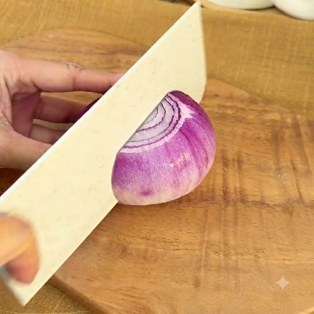 나무 도마 위에서 적양파를 얇게 채 써는 모습.