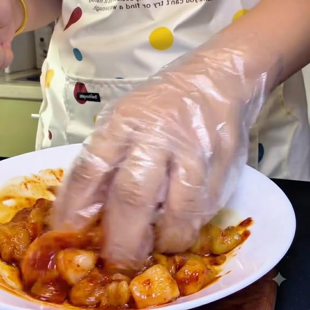 비닐장갑을 낀 손으로 하얀 볼에 담긴 닭가슴살과 붉은 양념을 버무리는 모습
